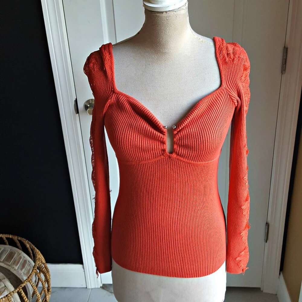 LACE EMBELLISHED Fitted KNIT SWEATER TOP